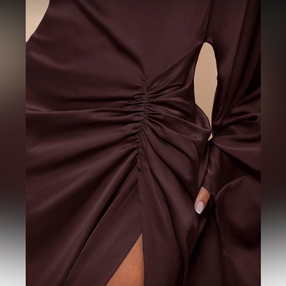 Elegant Brown One Shoulder Slit Thigh  Evening Gown - Picture 7 of 7